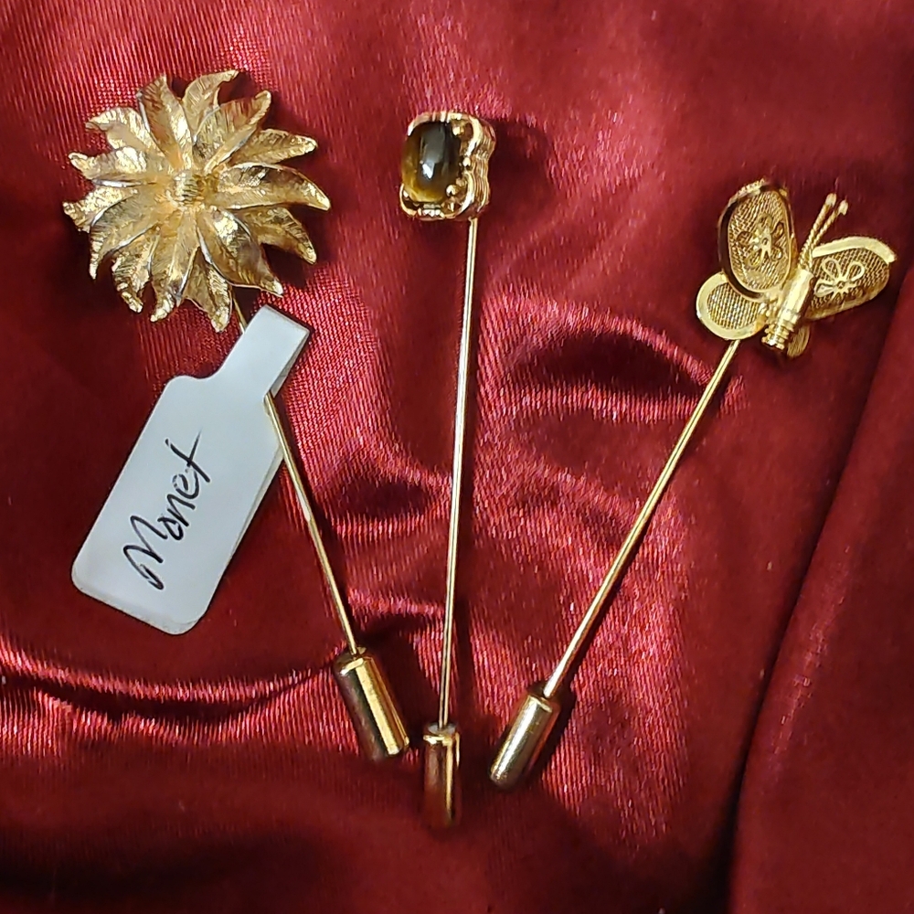 Collection Of  3 Gold Tone Vintage Stick Pins The Flower Is Monet